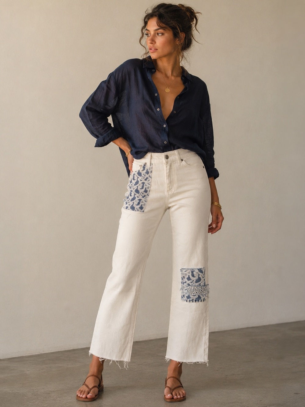 Women's Cream Wide-Leg Jeans with Blue Patch Detail